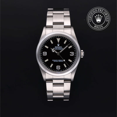 Rolex Certified Pre-owned Explorer M14270-0001 front on black background