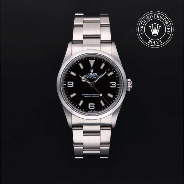 Rolex Certified Pre-owned Explorer M14270-0001 front on black background