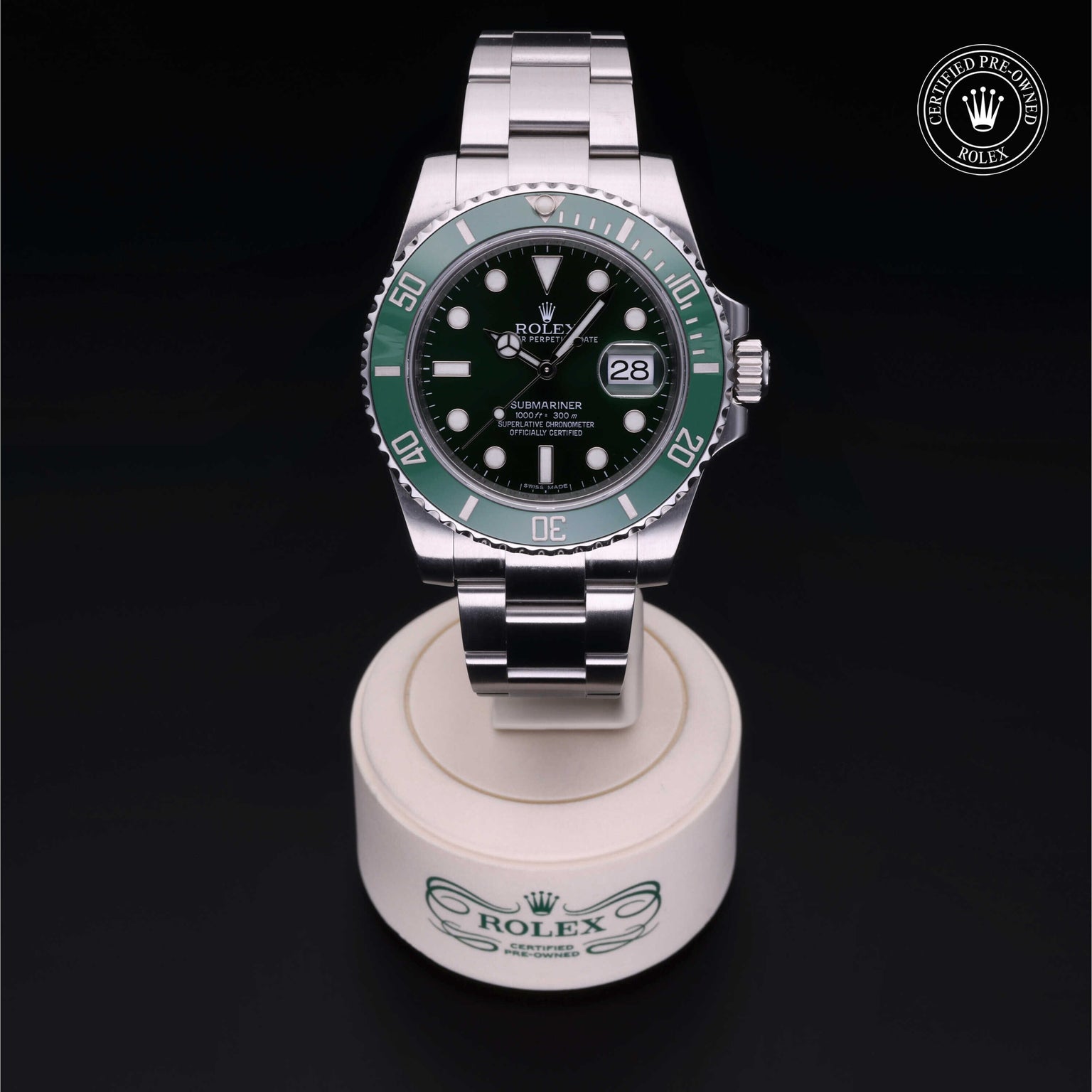 Rolex Certified Pre-owned Submariner M116610LV-0002 front on black background