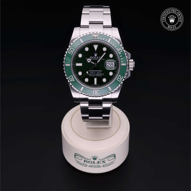 Rolex Certified Pre-owned Submariner M116610LV-0002 front on black background