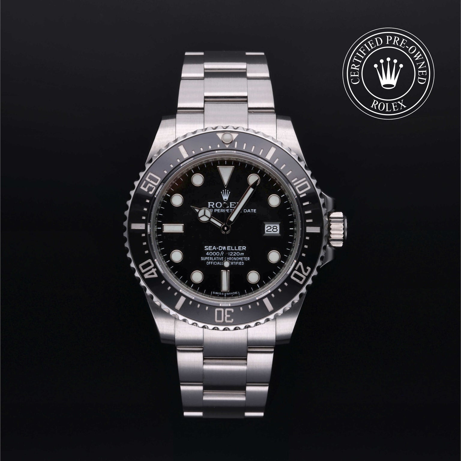 Rolex Certified Pre-owned Sea-Dweller M116600-0003 front on black background