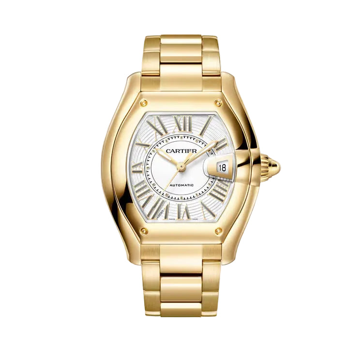 Gold Cartier watch on a light beige background