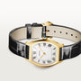 Gold-toned tortoise-shaped watch with white dial, Roman numerals, and black leather strap with buckle closure.