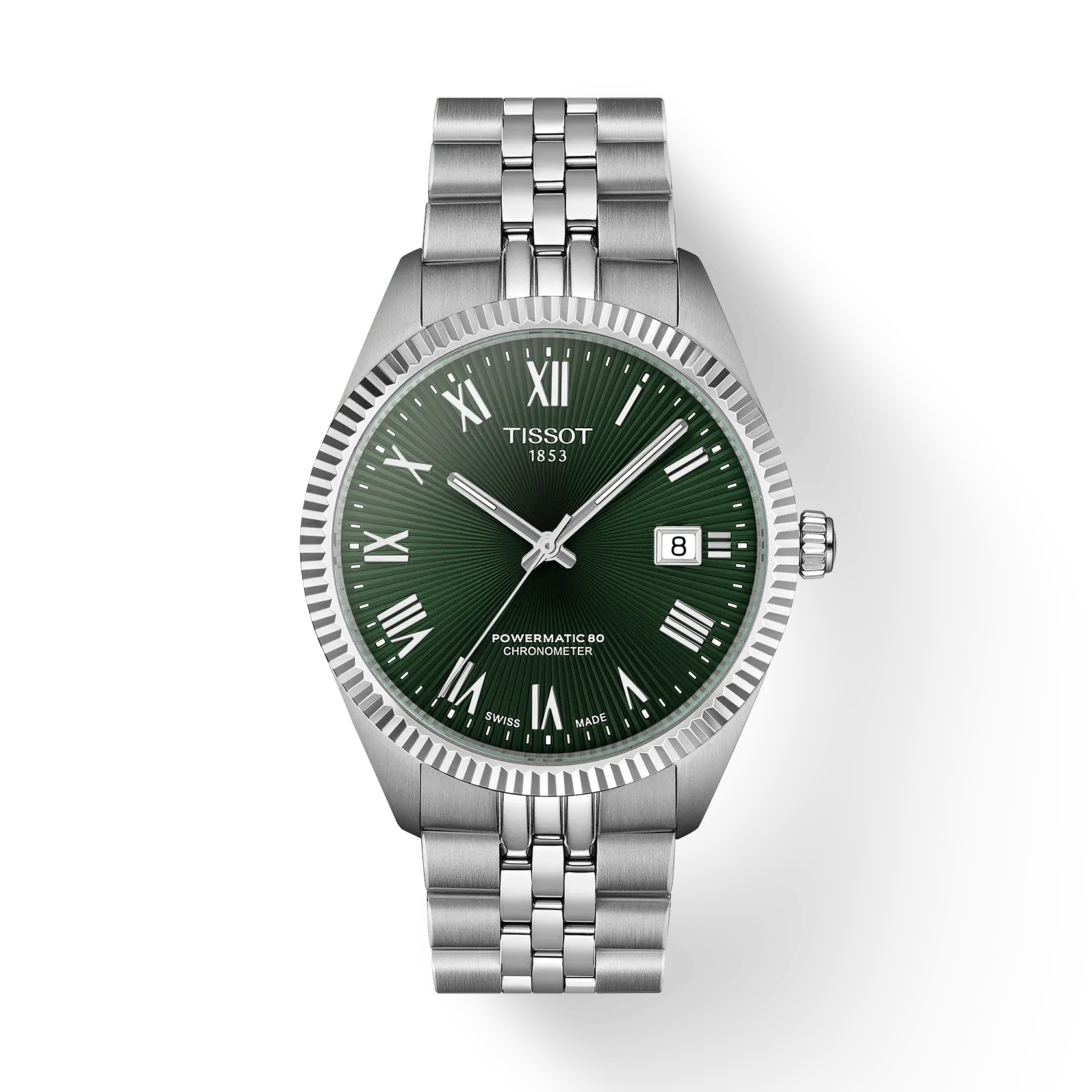 The Tissot Ballade 39 is a silver wristwatch featuring a green sunburst dial, Roman numeral markers, date window at 3 o’clock, polished metal bracelet, and Powermatic 80 movement displayed on a white background.