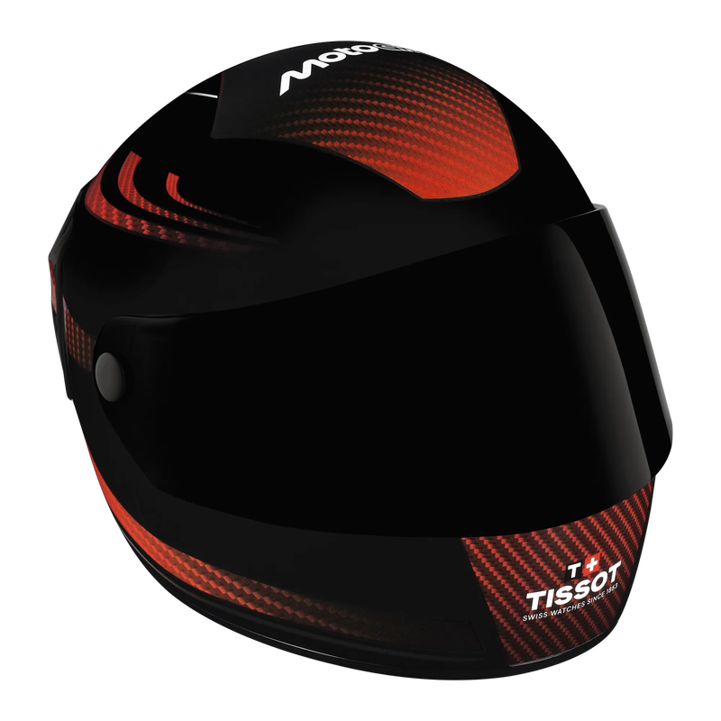 Black and red motorcycle helmet with Tissot branding on a white background