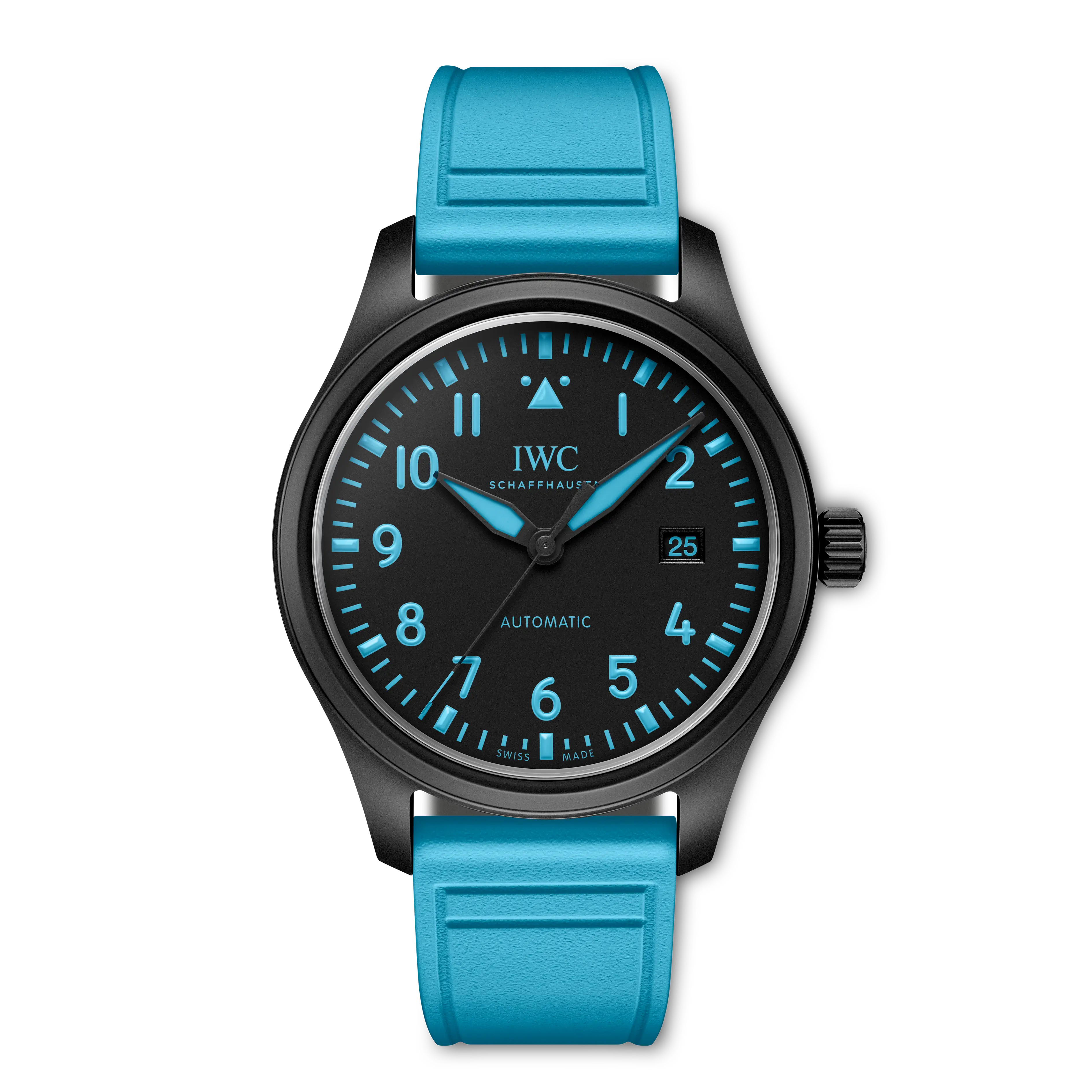 Wristwatch with blue strap and black dial on a white background