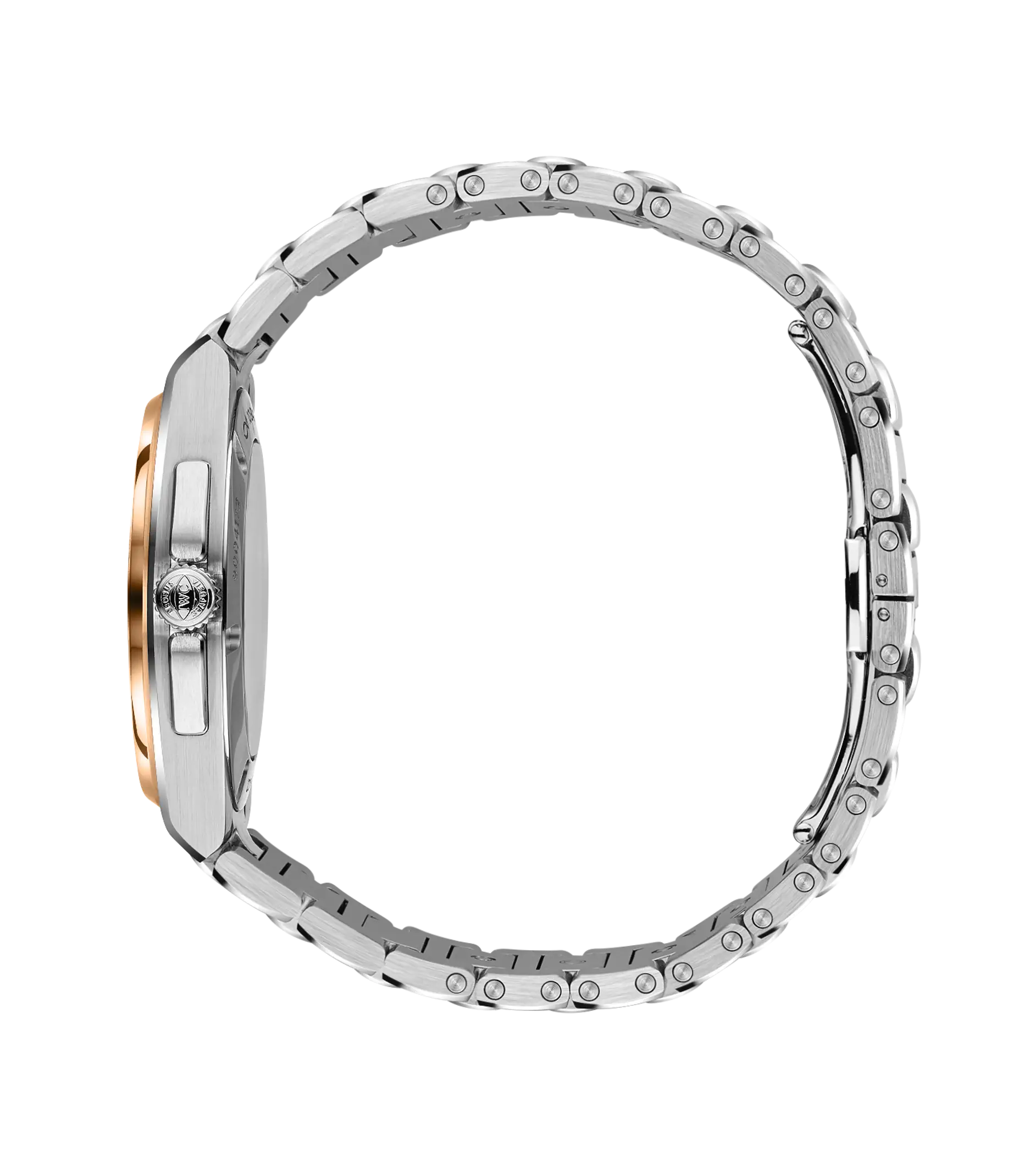 Silver and rose gold automatic watch with articulated metal bracelet, displayed at side profile angle.