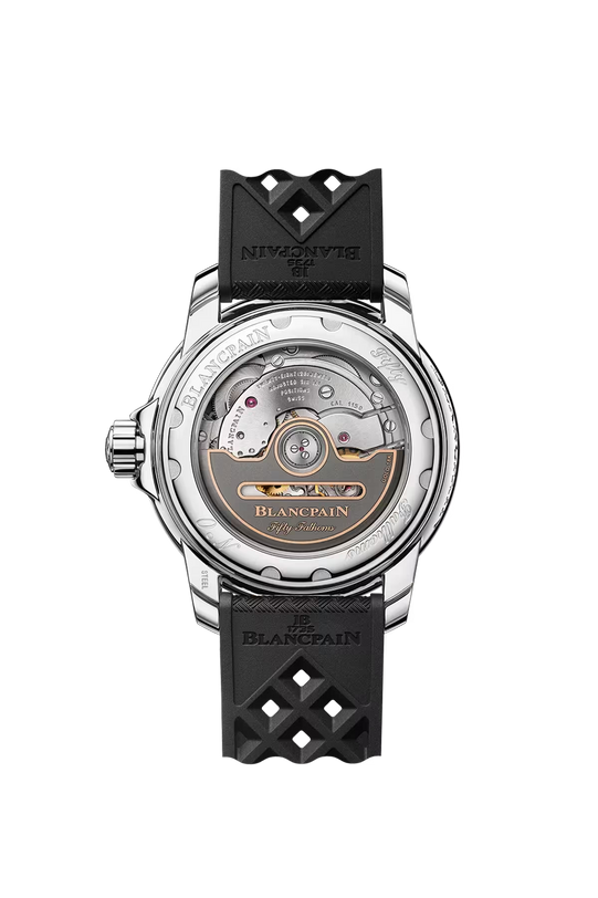 Blancpain Fifty Fathoms watch with stainless steel case, sunburst black dial, and black rubber strap with diamond cutout patt