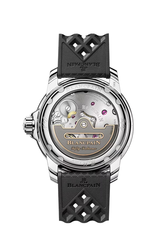 Blancpain Fifty Fathoms automatic watch with sunburst black dial, stainless steel case, and black rubber strap, shown from ca