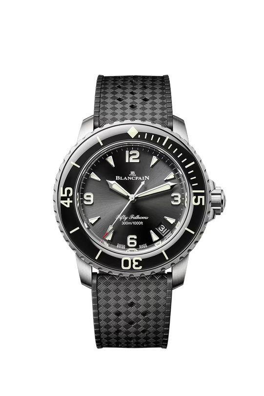 Blancpain Fifty Fathoms watch with sunburst black dial, luminous hour markers and hands, black bezel, stainless steel case, a