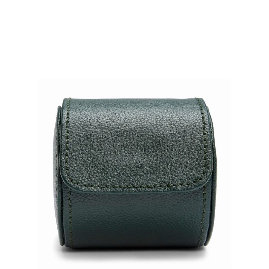 Green leather watch roll with curved flap closure and stitched seams.