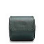 Green leather watch roll with curved flap closure and stitched seams.