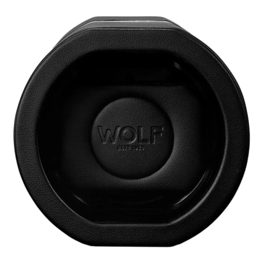 Black textured case with WOLF branding and circular embossed center, shown from overhead view.