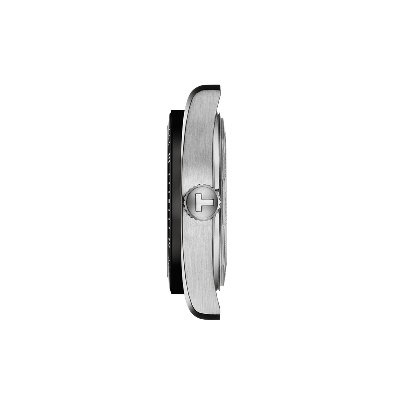 Side view of a silver watch on a white background