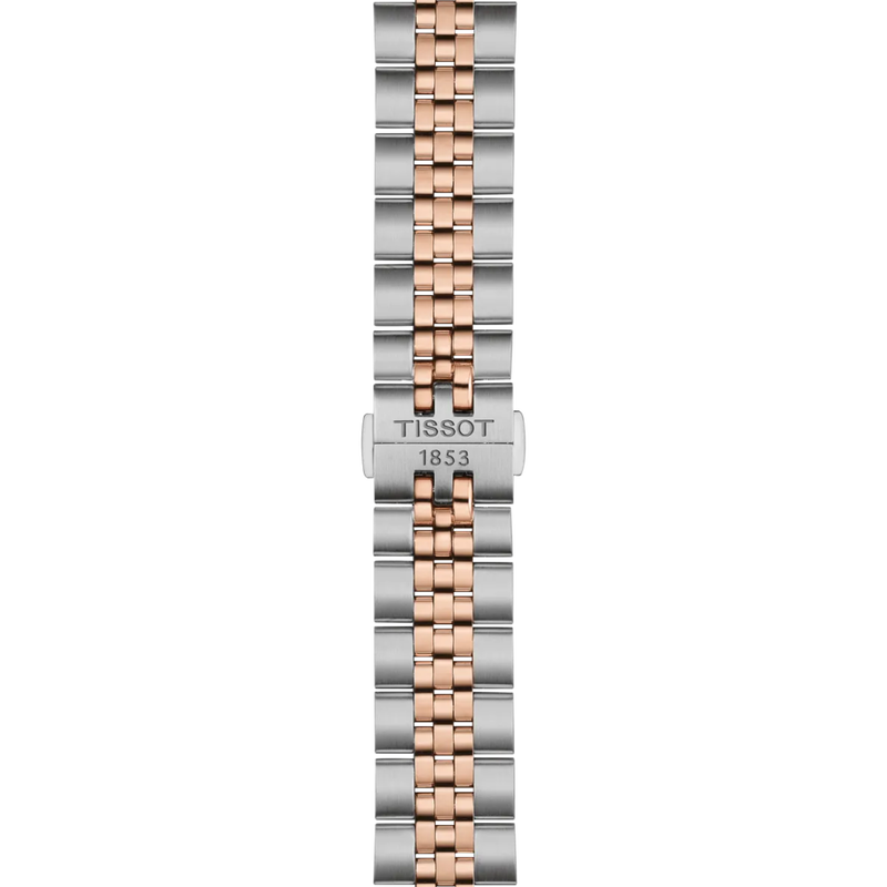Two-tone watch strap with Tissot logo on a white background