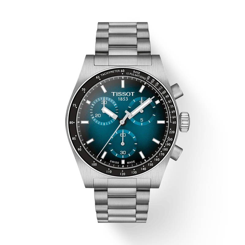 Tissot watch with silver bracelet and blue dial on a white background