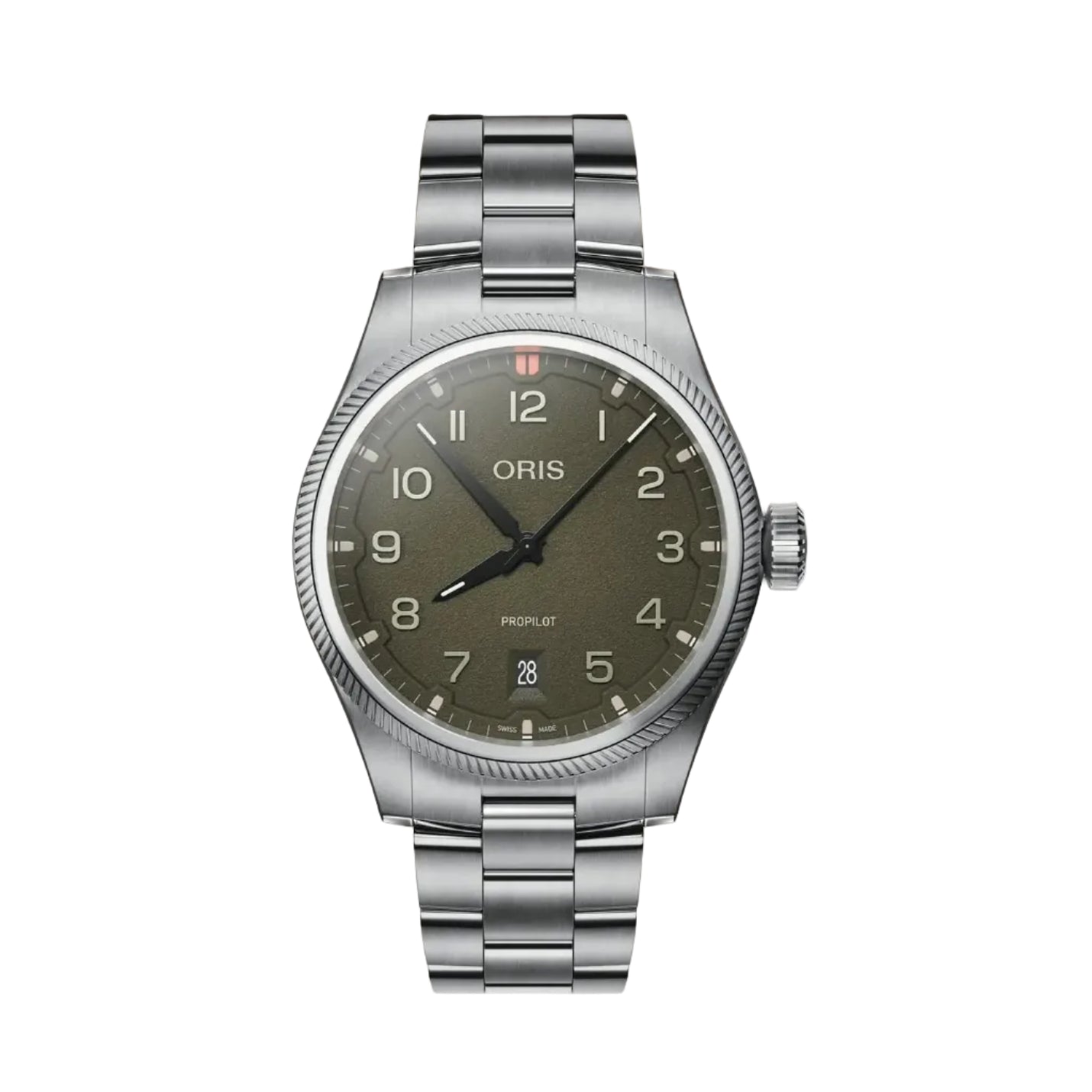 Silver Oris watch with a dark green dial on a gradient background