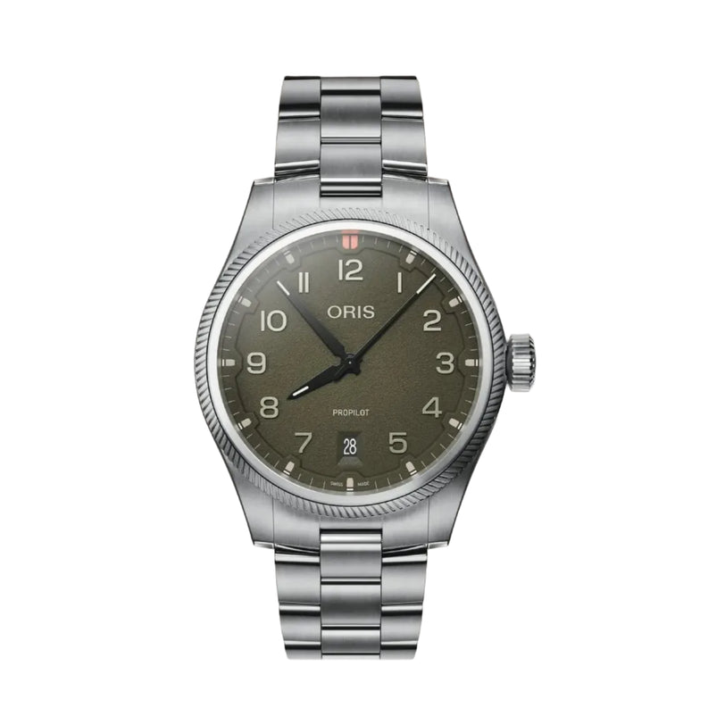 Silver Oris watch with a dark green dial on a gradient background