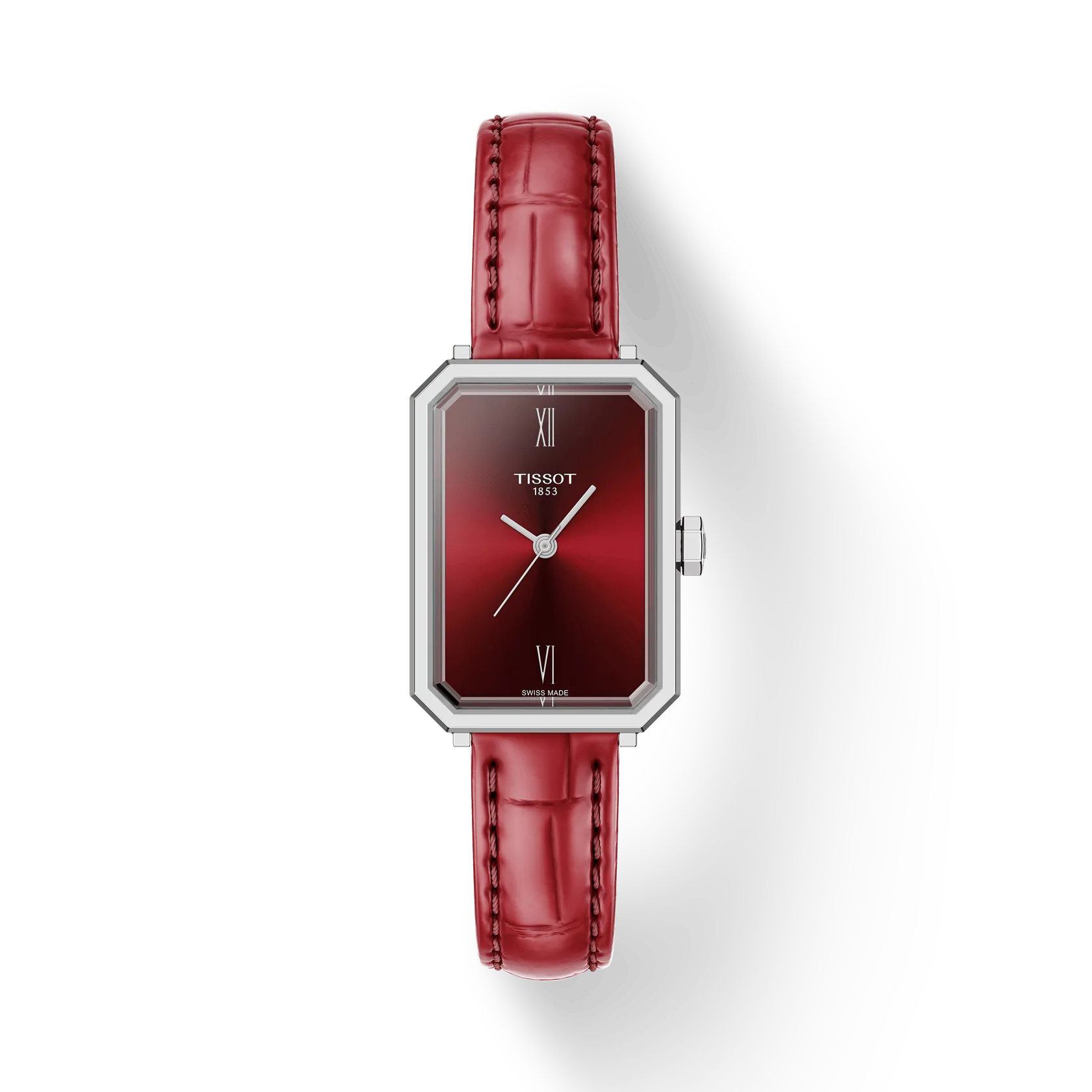 The Tissot SRV 30 is a rectangular watch featuring a red gradient dial, silver hands, Roman numerals at 12 and 6, a polished silver case, and a glossy red leather strap, displayed on a white background.