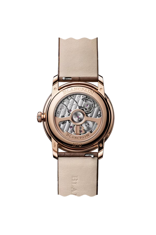 Brown gold watch with brown dial, moon phase display, visible movement through transparent case back, and beige leather strap