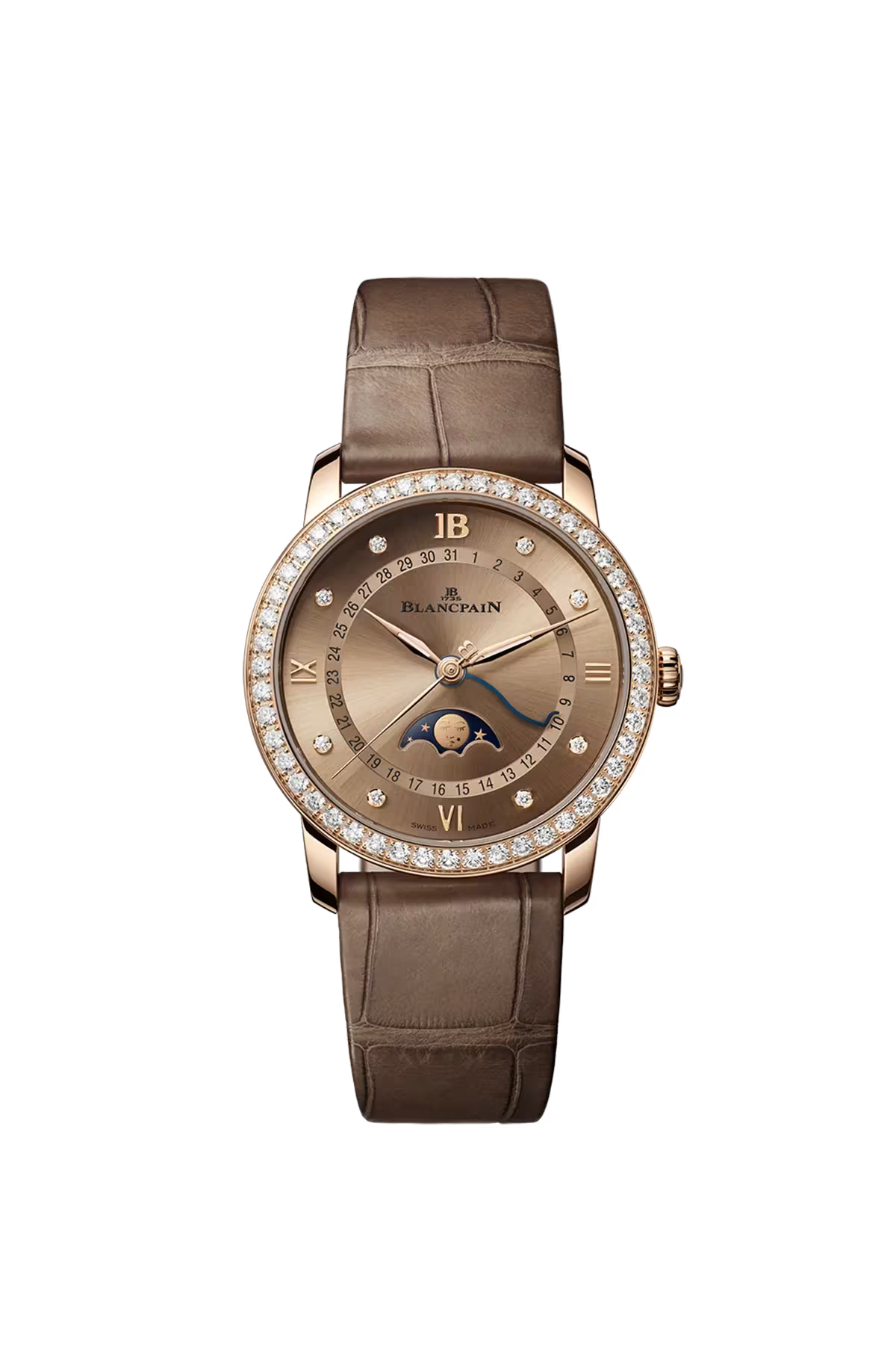 Villeret Quantième Phases de Lune | 33.2mm, Brown Gold Dial, Alligator Leather Strap