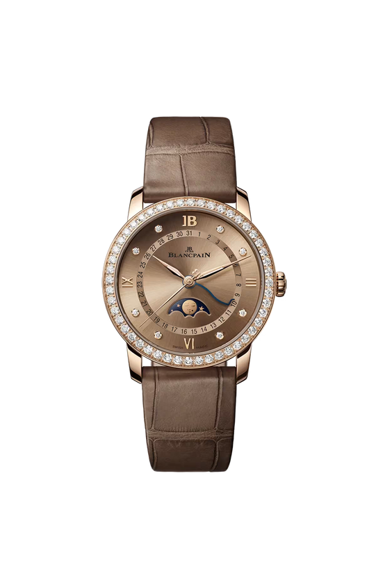 Blancpain Villeret watch with brown gold dial, diamond-set bezel, moon phase subdial, and brown alligator leather strap.