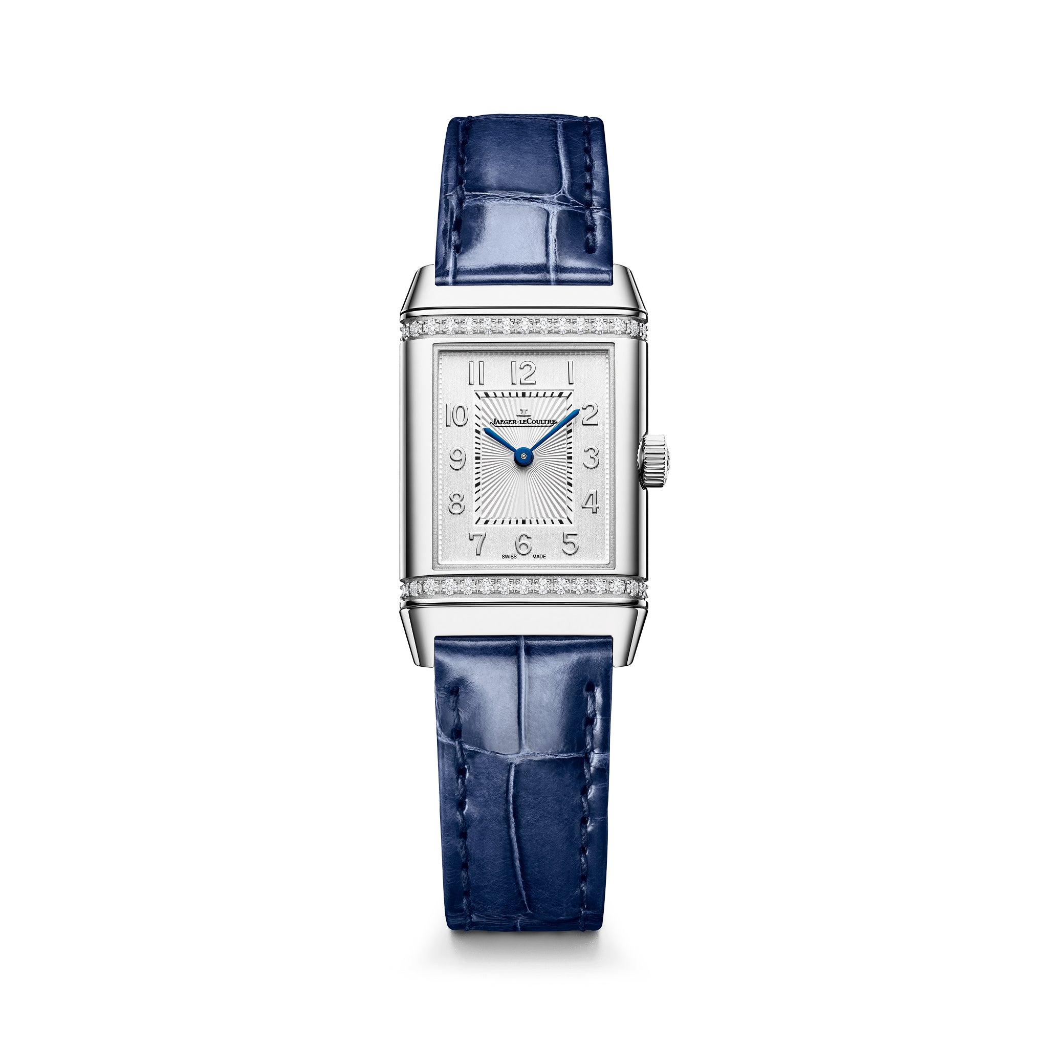 Silver rectangular watch with diamond-set bezel, silver dial with Arabic numerals, blue hands, and blue crocodile leather str