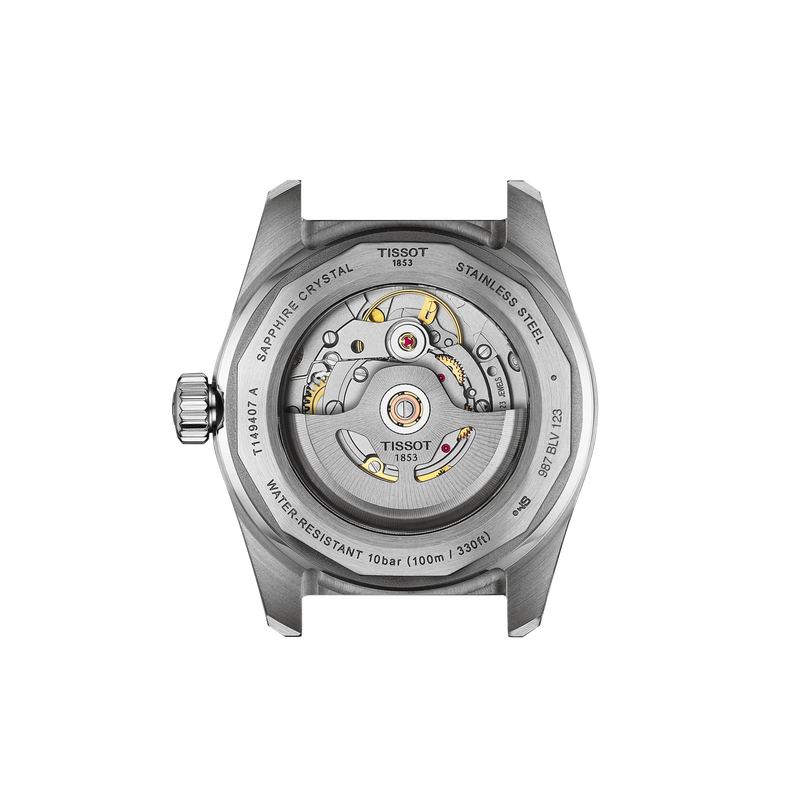 Tissot watch back cover with mechanical movement on a white background