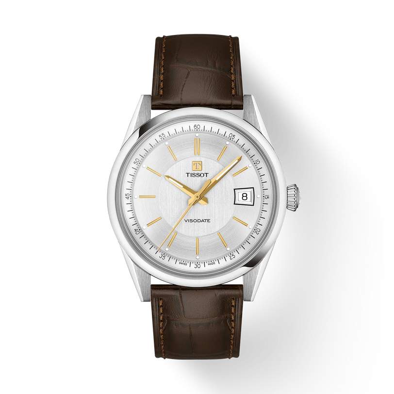 Tissot Visodate watch with silver case, white dial, gold-tone hands and indexes, date window, and brown leather strap.