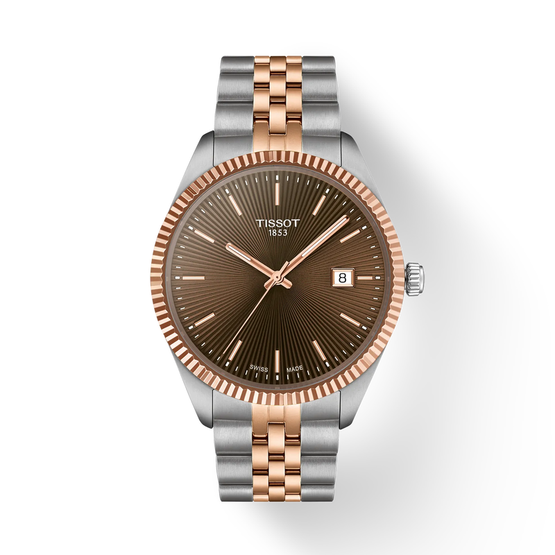Tissot watch with rose gold and silver band on white background