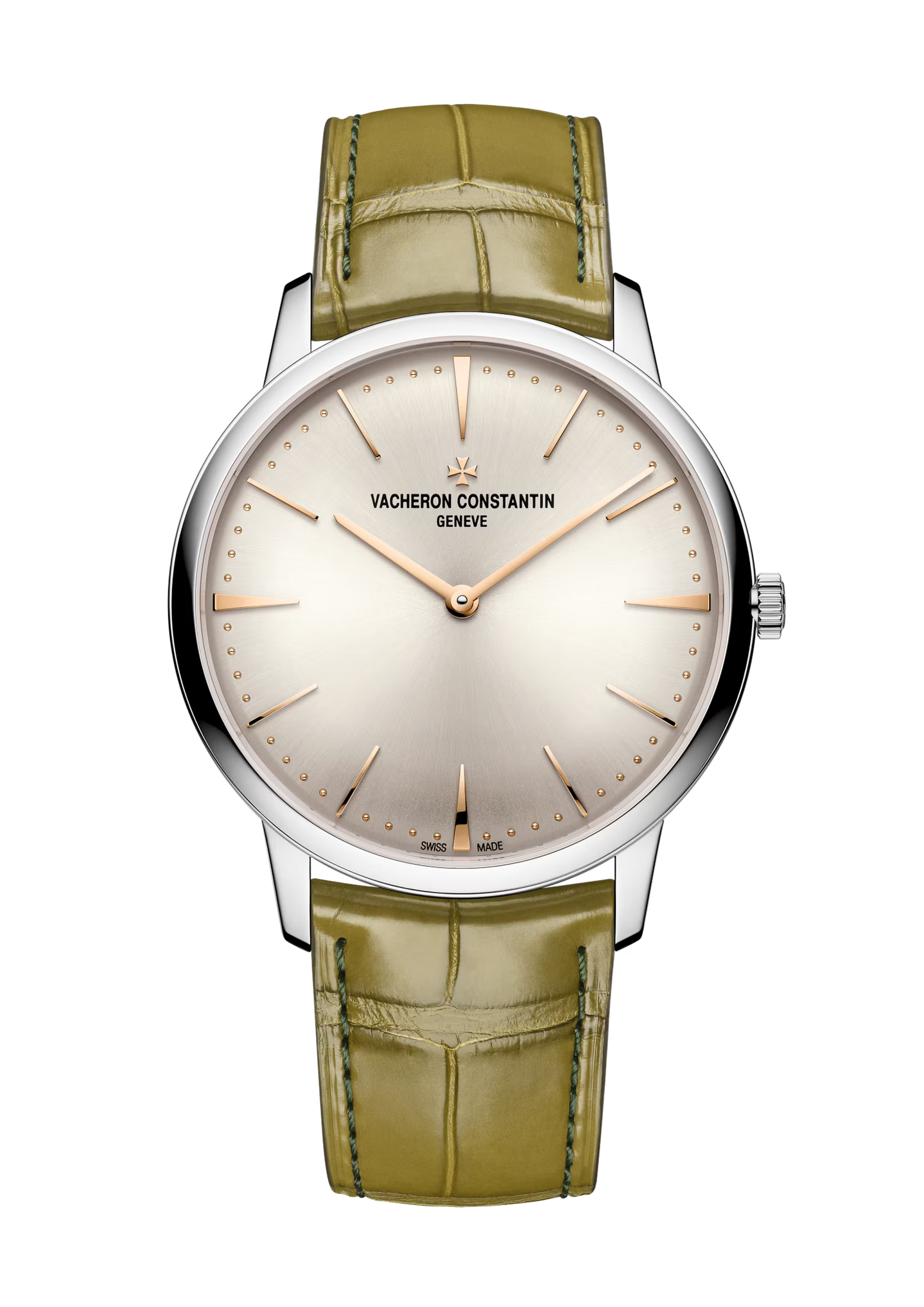 Silver-tone watch with cream dial, rose gold hands and hour markers, green crocodile leather strap.