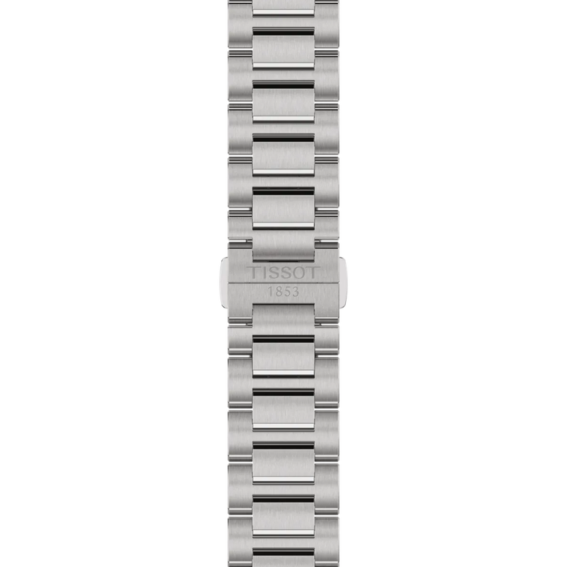 Silver watch strap with Tissot logo on a white background