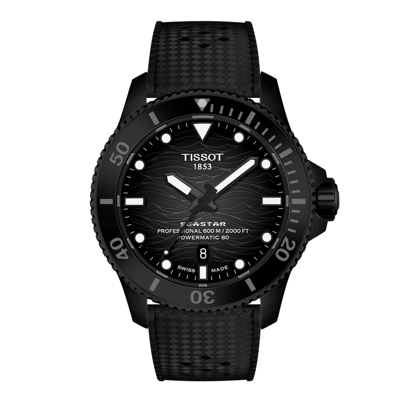SeaStar 2000 | 44mm, Stainless Steel and Black PVD, Rubber Strap, Black Dial