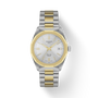 Two-tone watch with silver and gold band on a white background, featuring Tissot branding.