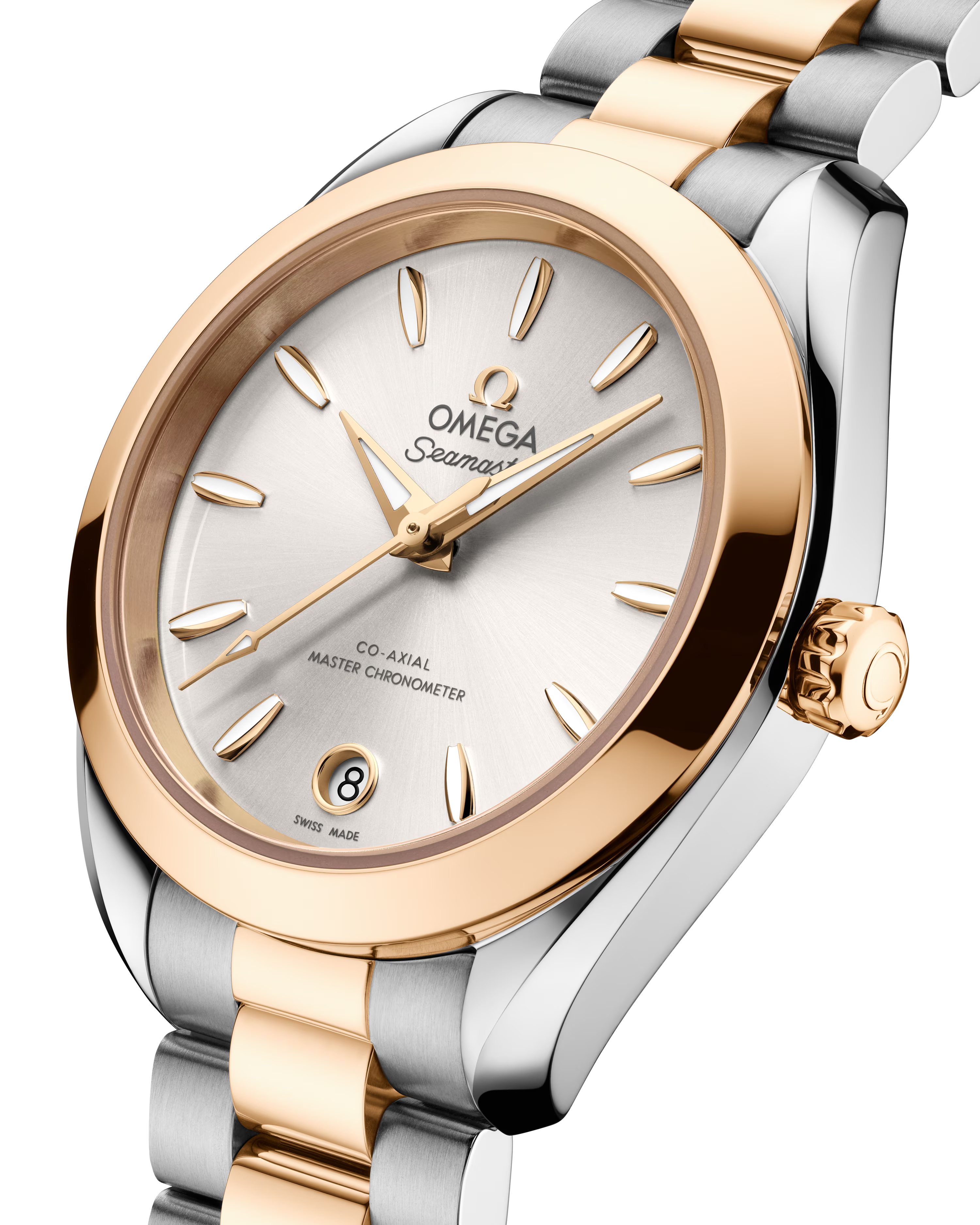 OMEGA Seamaster Aqua Terra 150M 30mm, Moonshine™ gold on steel, Moonshine™ gold Bezel, Silver Dial Watch with a Moonshine™ gold on steel integrated two-tone bracelet.