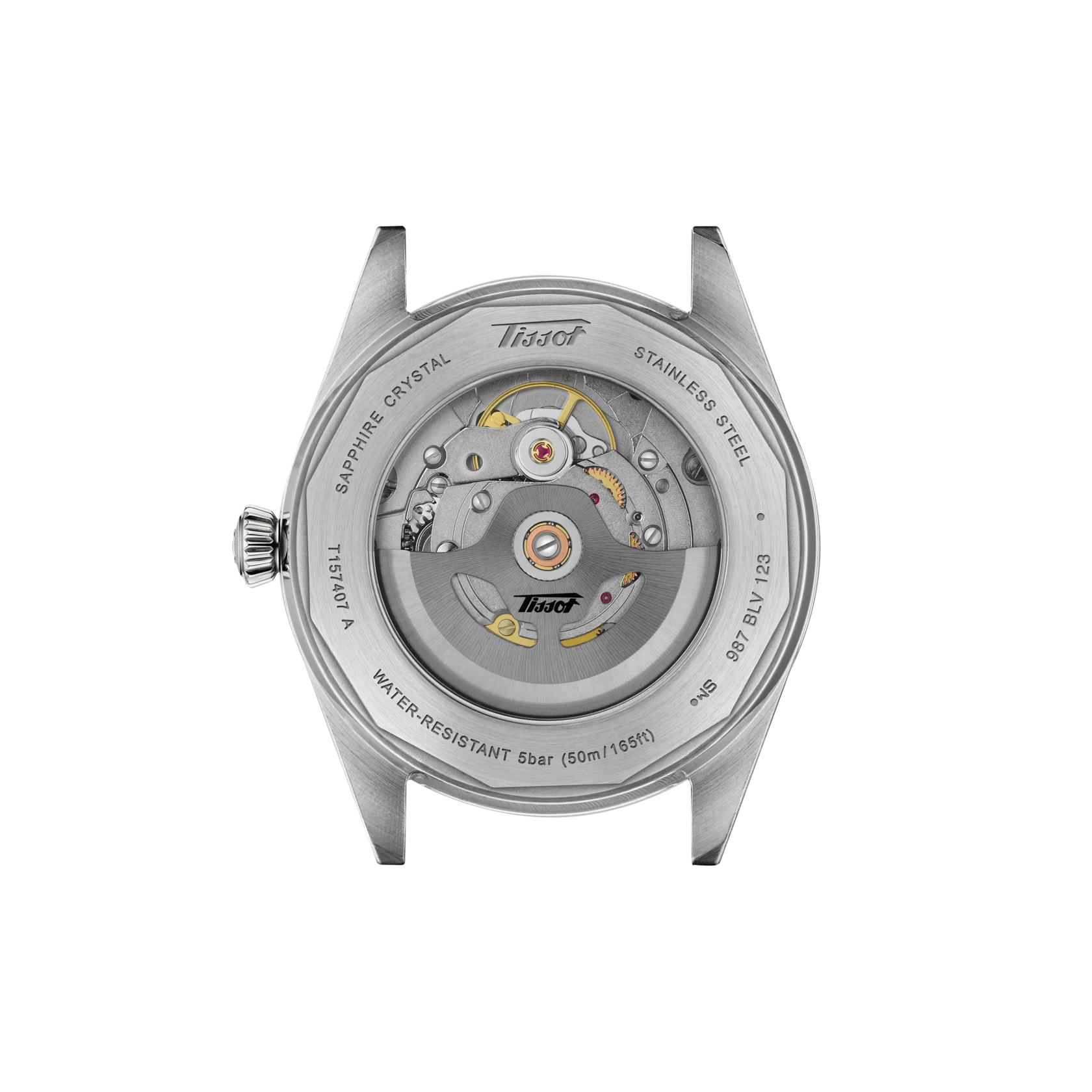 Stainless steel watch case back showing visible mechanical movement with gold gears and jeweled components.