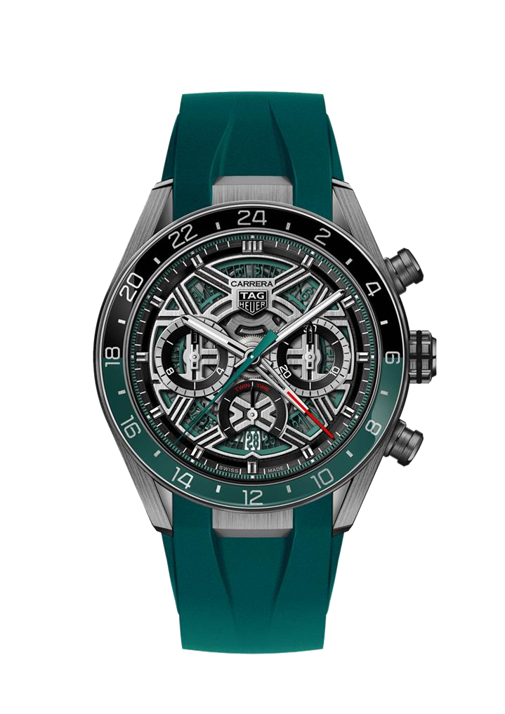 The TAG Heuer Carrera Chronograph Extreme Sport features a teal rubber strap, silver case, skeleton dial showcasing its GMT chronograph movement with three subdials, and a black 24-hour marked bezel.