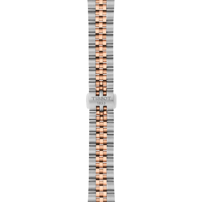 Two-tone watch strap with Tissot logo on a white background