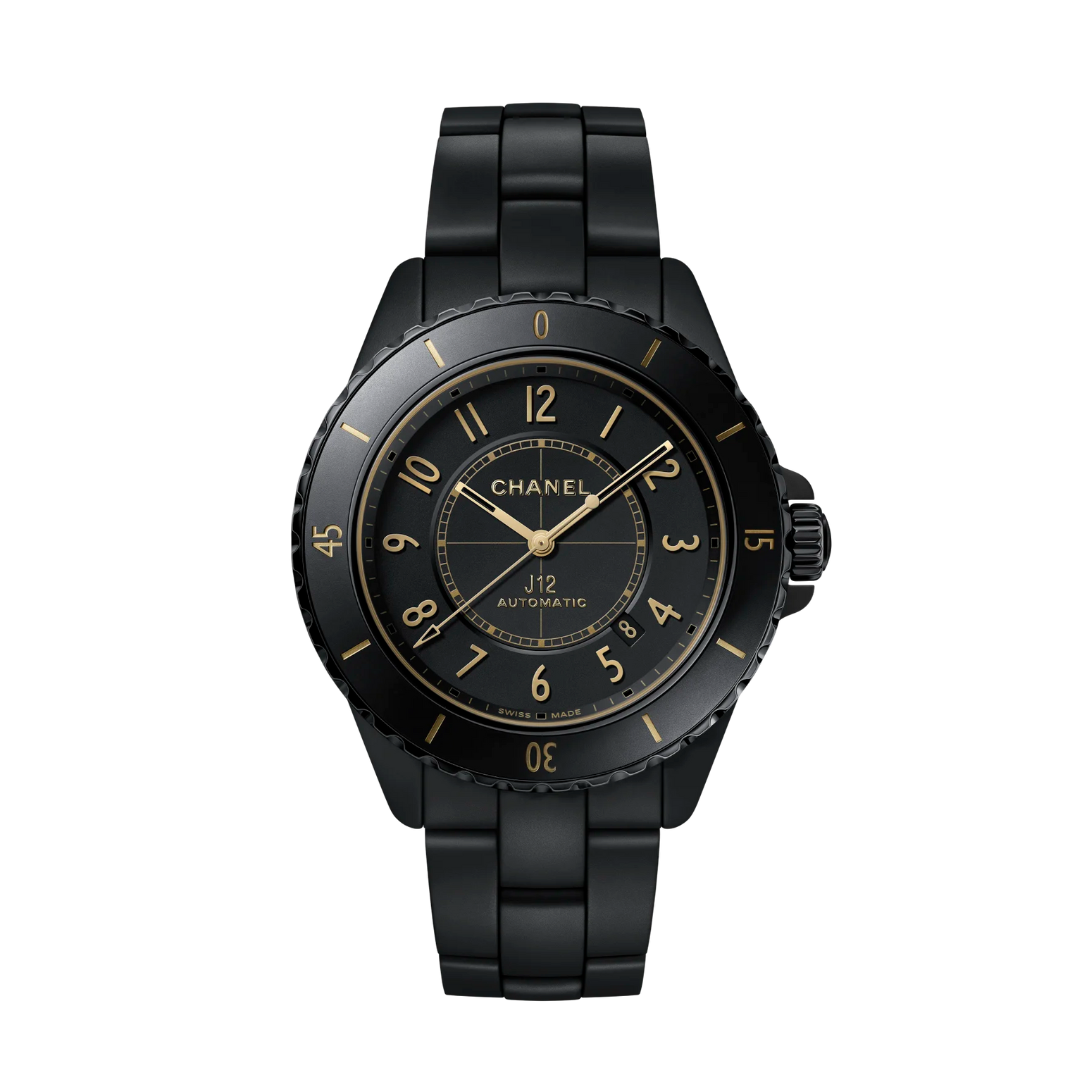 Black Chanel watch with gold accents on a white background