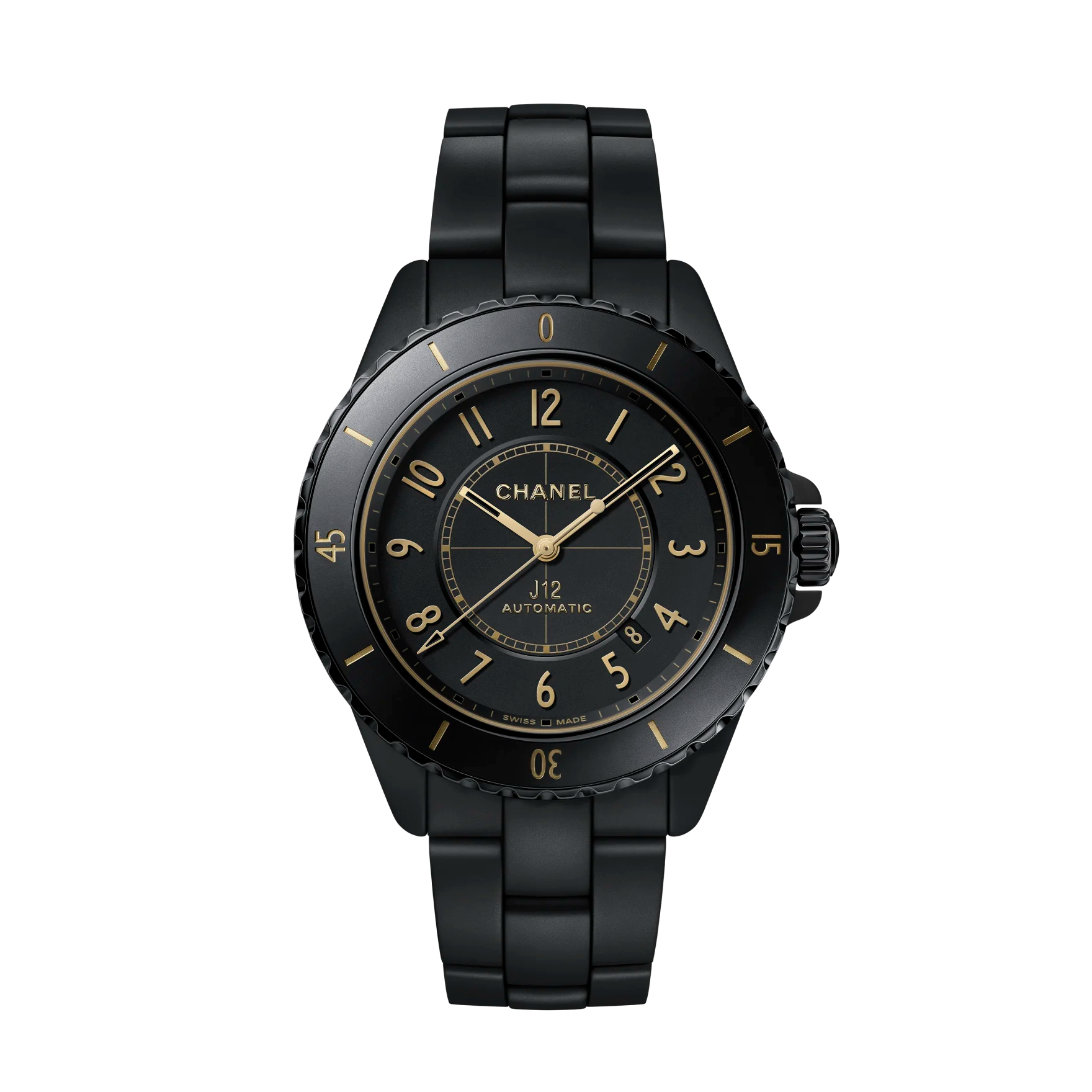 Black Chanel watch with gold accents on a white background