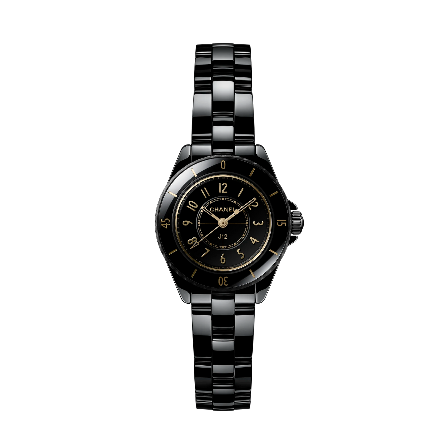 Black Chanel watch with a white background