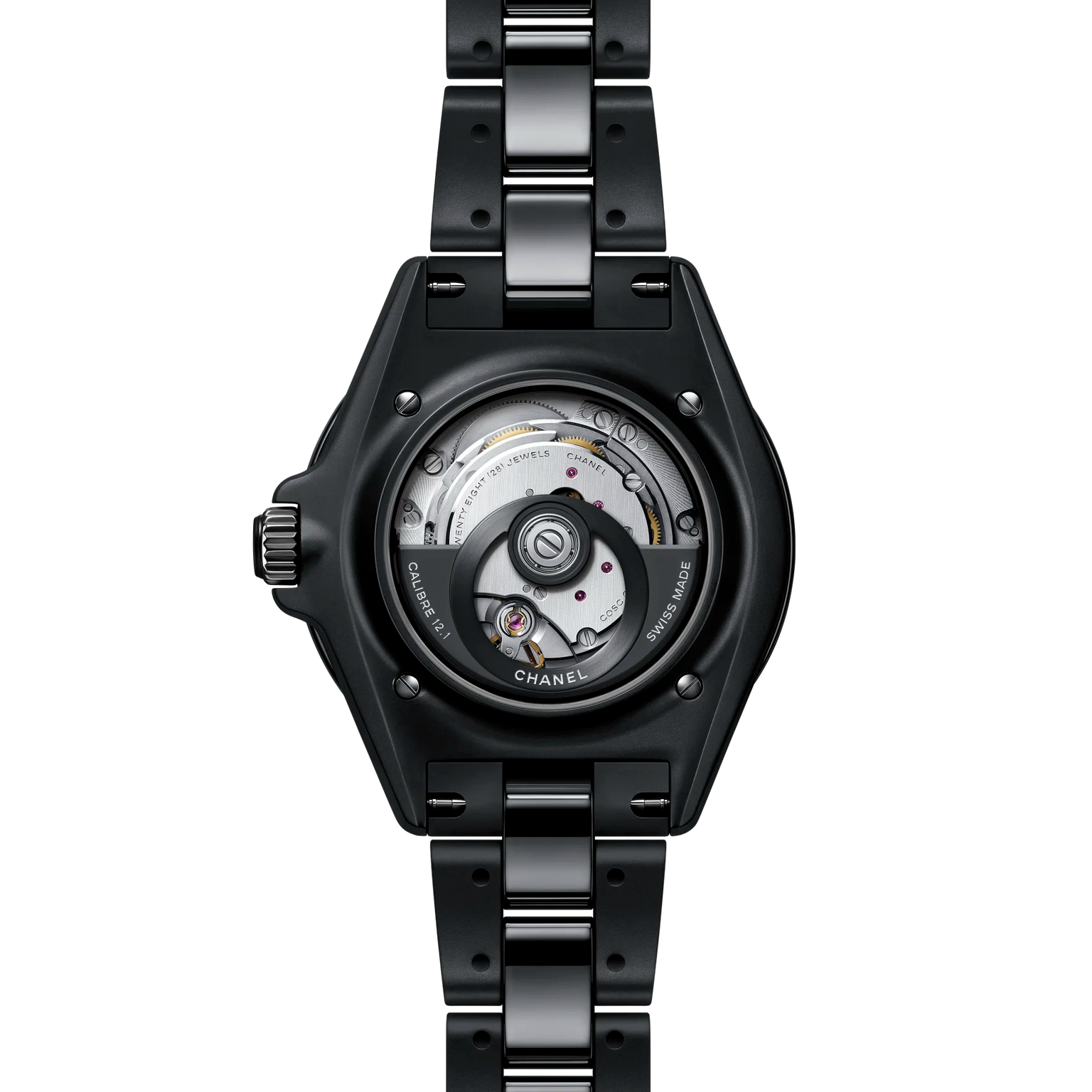 Black Chanel watch with mechanical components on a white background