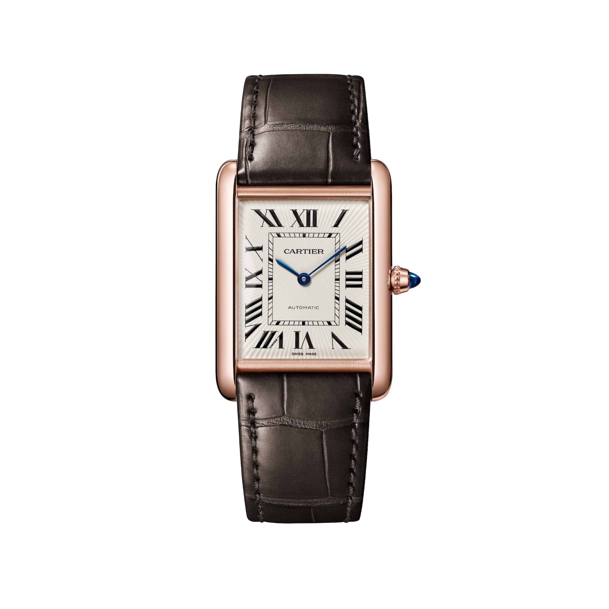 The Cartier Tank Louis Cartier Large Model features a rectangular case, white dial with black Roman numerals, blue hands, brown leather strap, gold bezel, and a blue jewel crown—reflecting Louis Cartier’s timeless elegance.