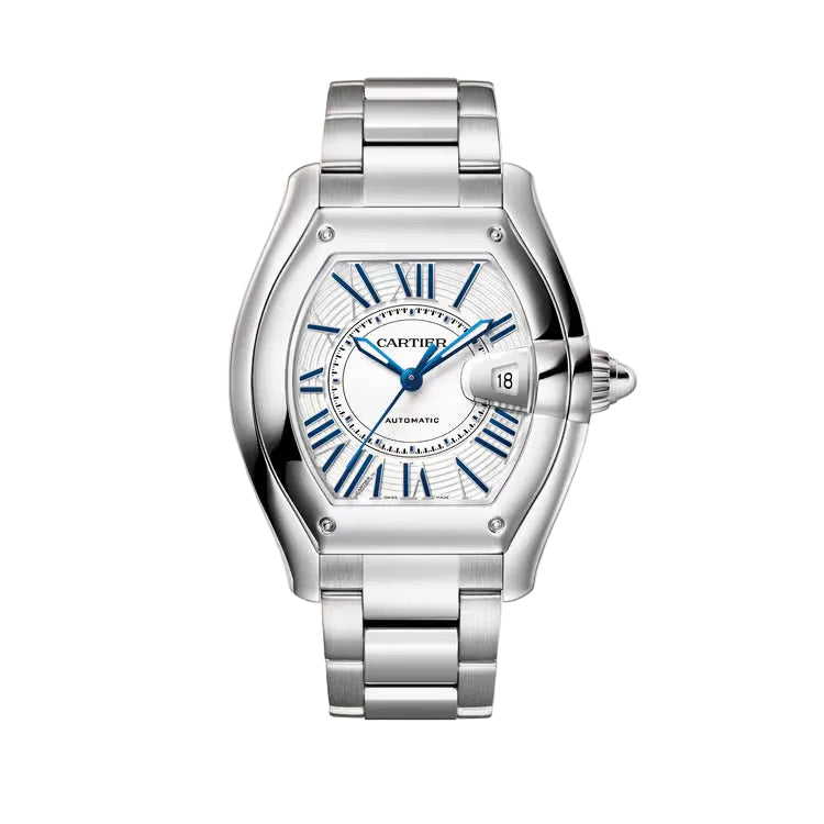 Silver Cartier watch with blue accents on a light beige background