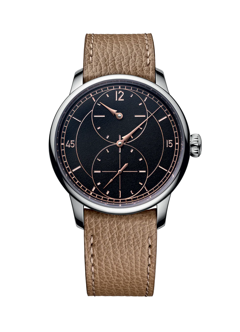 Wristwatch with brown leather strap and black dial on a white background