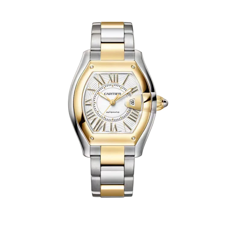 Cartier watch with two-tone design on a light beige background