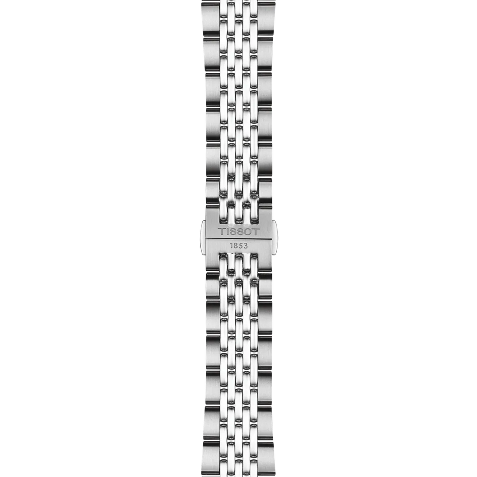 Stainless steel watch band with multi-link bracelet design and Tissot 1853 clasp.