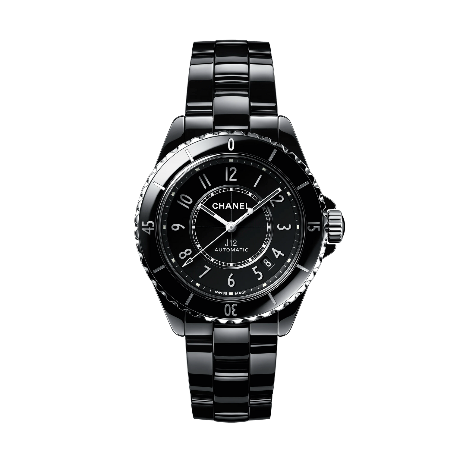 The Chanel J12 is a black automatic watch with a durable ceramic bracelet and round black dial, featuring white hour markers and hands, shown on a plain white background.