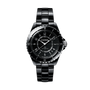 The Chanel J12 is a black automatic watch with a durable ceramic bracelet and round black dial, featuring white hour markers and hands, shown on a plain white background.