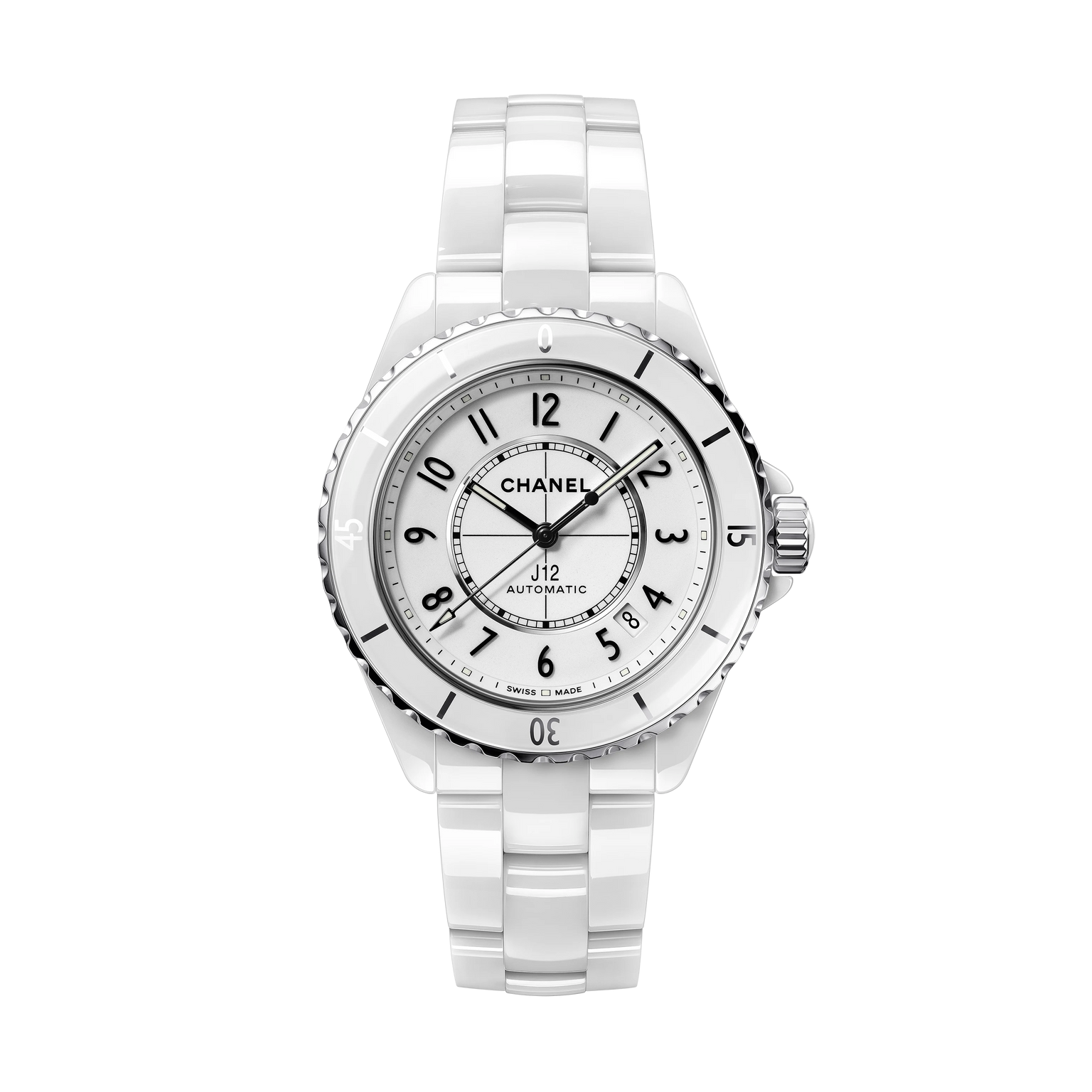 The Chanel J12 is a white automatic wristwatch with a ceramic bracelet, steel and silver accents, and a round dial featuring black Arabic numerals and the Chanel logo.